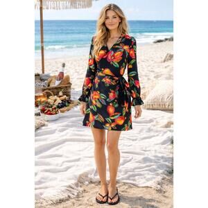 Farm Rio Black Toucan's Garden Tassel Wrap Mini Dress Size Small Viscose